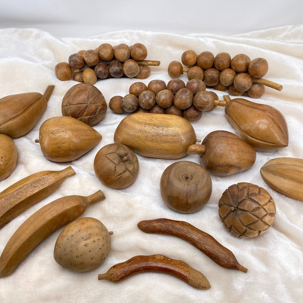 VTG MCM Brown Wooden Wine Goblets Fruit Corn Napkin Rings Huge Lot Philippines